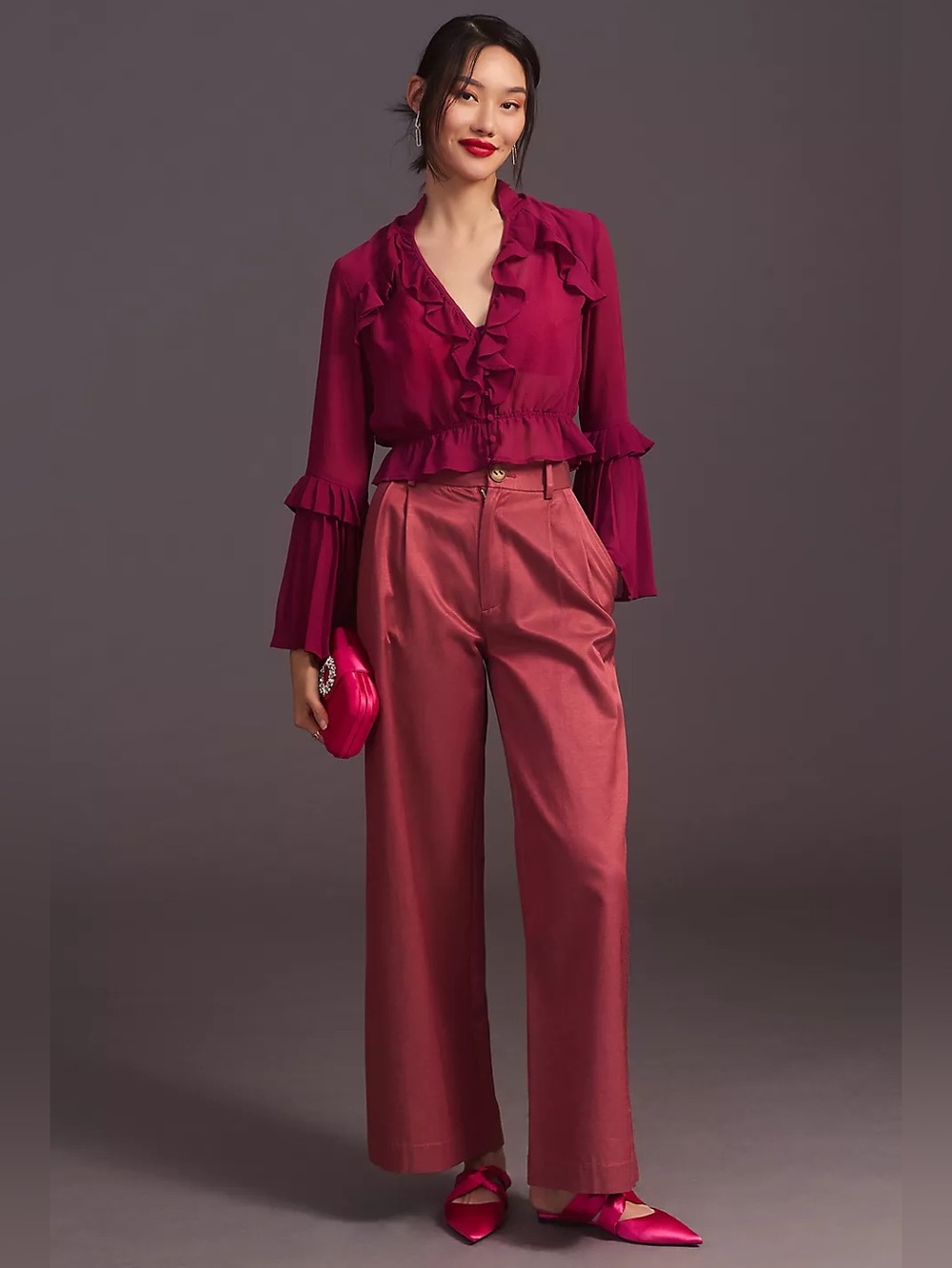 Anthropologie Sheer V-Neck Deep Magenta Ruffle-Trim Blouse Size L